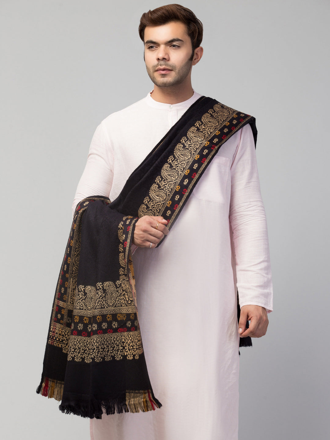 Tweedle Self-Design Jamawar Shawl for Men, Wool Blend, Black – 40x80