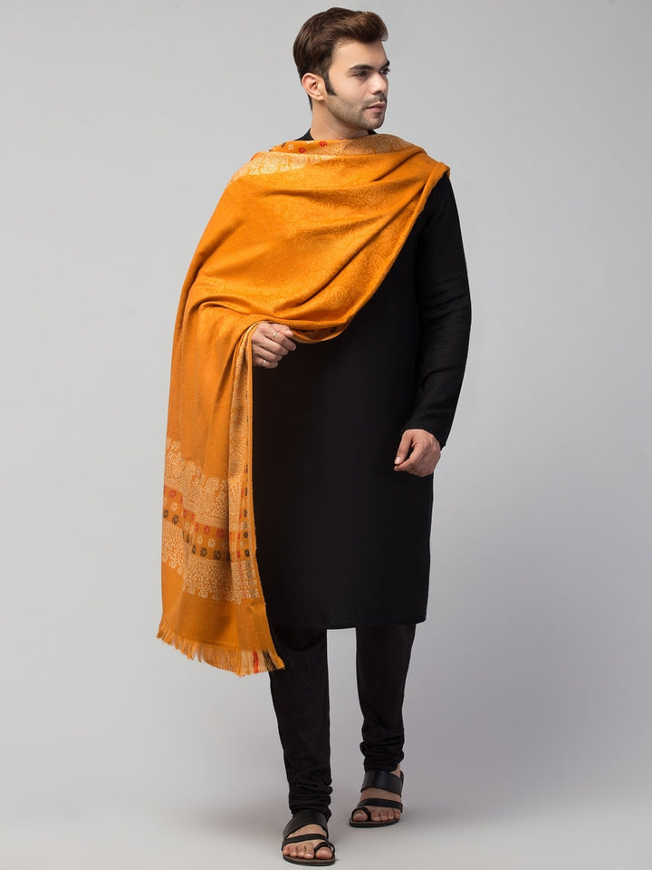 Tweedle Self-Design Jamawar Shawl for Men, Wool Blend, Yellow – 40x80