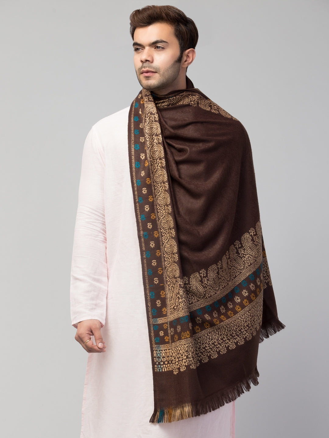 Tweedle Self-Design Jamawar Shawl for Men, Wool Blend, Brown – 40x80