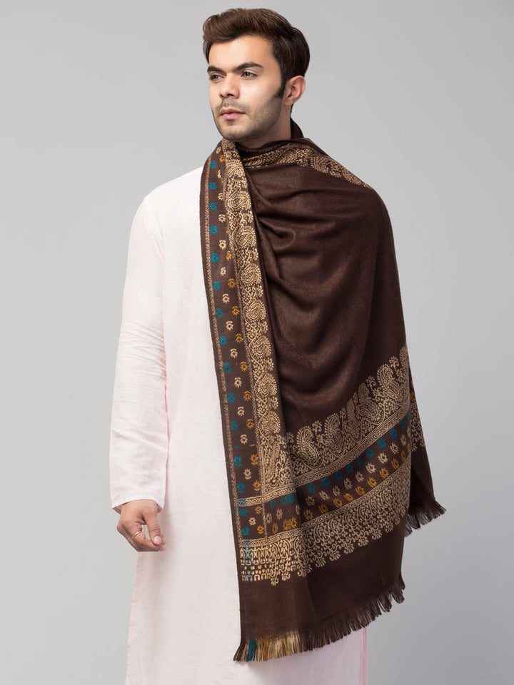 Tweedle Self-Design Jamawar Shawl for Men, Wool Blend, Brown – 40x80