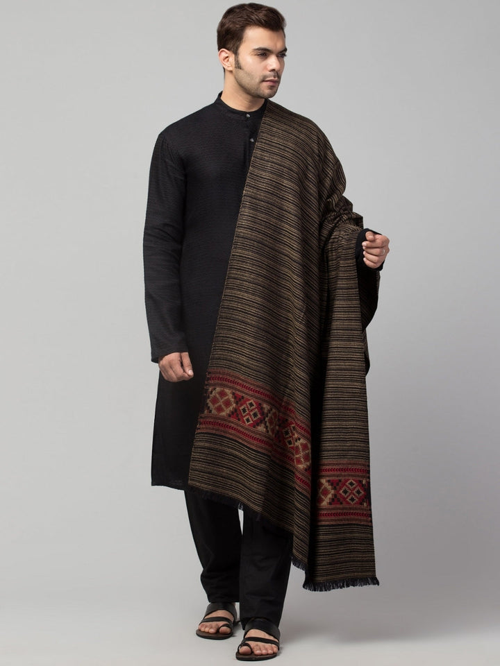 Tweedle Kullu Pattern Wool Blend Shawl for Men | Traditional Himachali Design | Black -  40x80