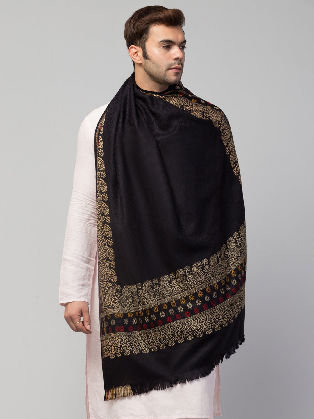 Tweedle Self-Design Jamawar Shawl for Men, Wool Blend, Black – 40x80