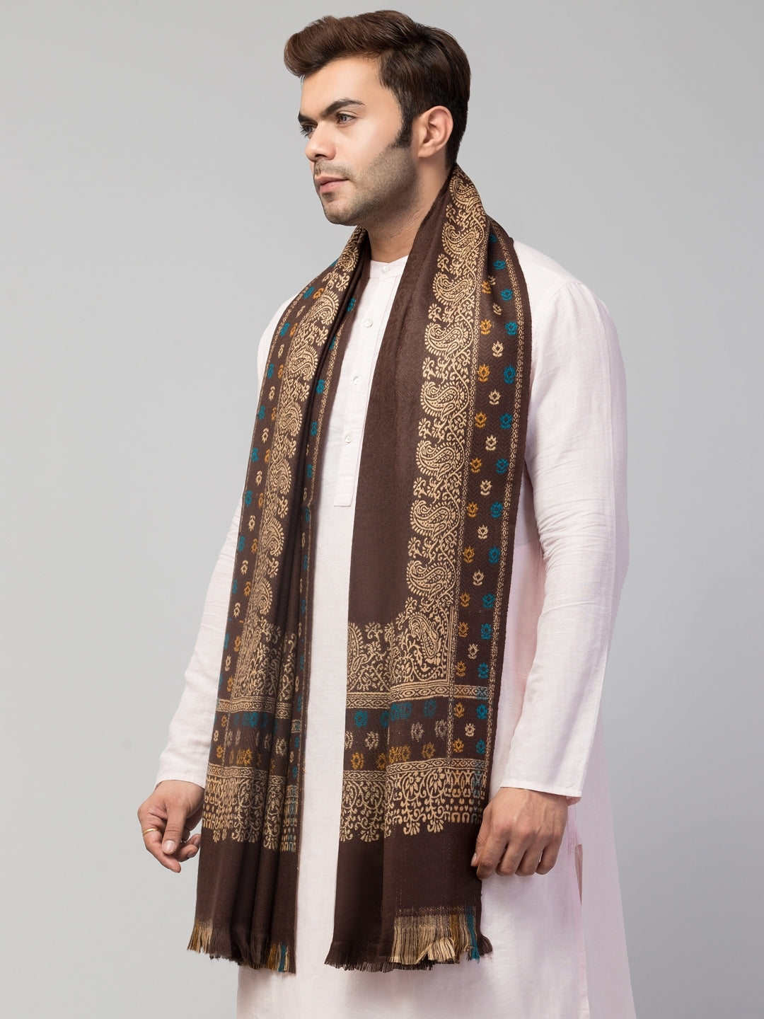 Tweedle Self-Design Jamawar Shawl for Men, Wool Blend, Brown – 40x80