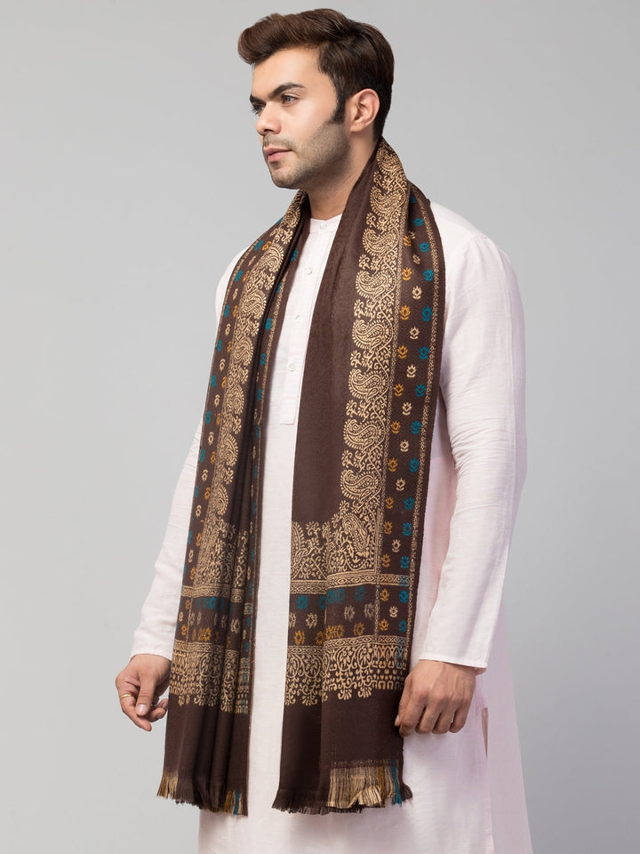 Tweedle Self-Design Jamawar Shawl for Men, Wool Blend, Brown – 40x80