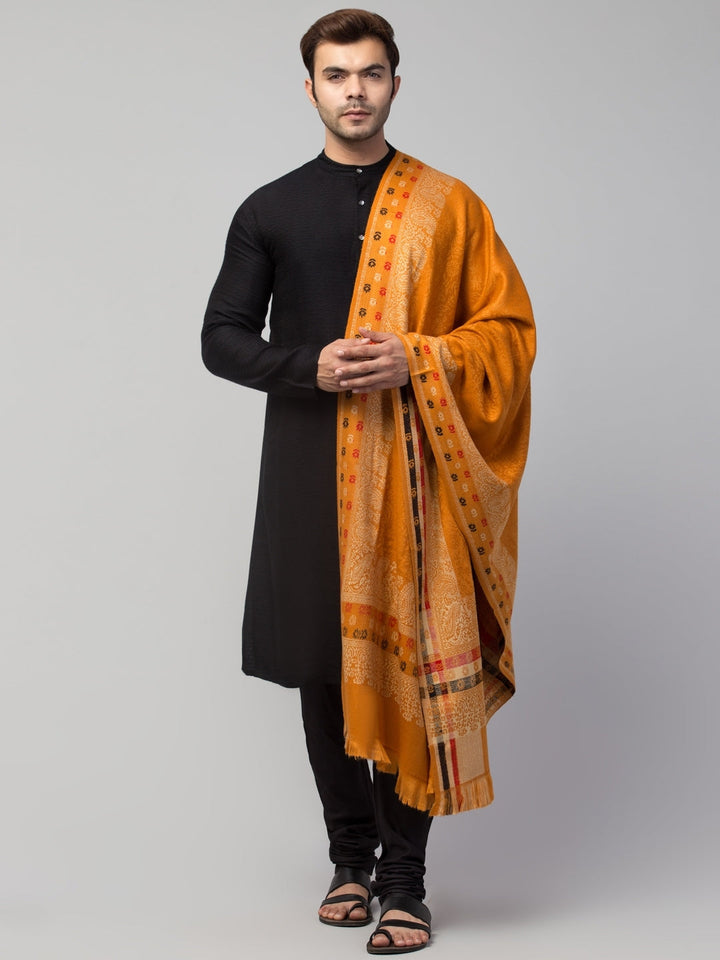 Tweedle Self-Design Jamawar Shawl for Men, Wool Blend, Yellow – 40x80