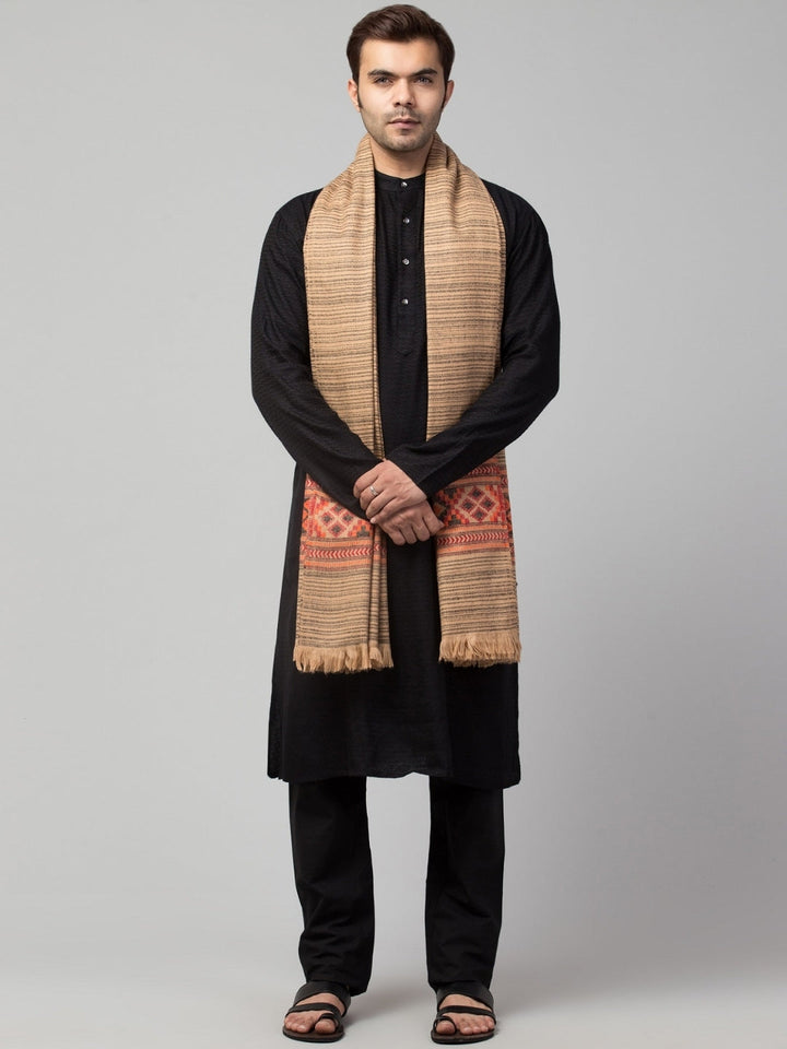 Tweedle Kullu Pattern Wool Blend Shawl for Men | Traditional Himachali Design | Beige -  40x80