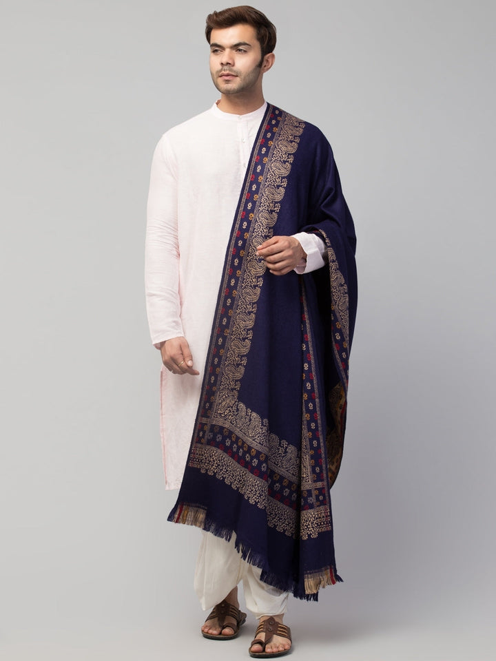 Tweedle Self-Design Jamawar Shawl for Men, Wool Blend, Blue – 40x80