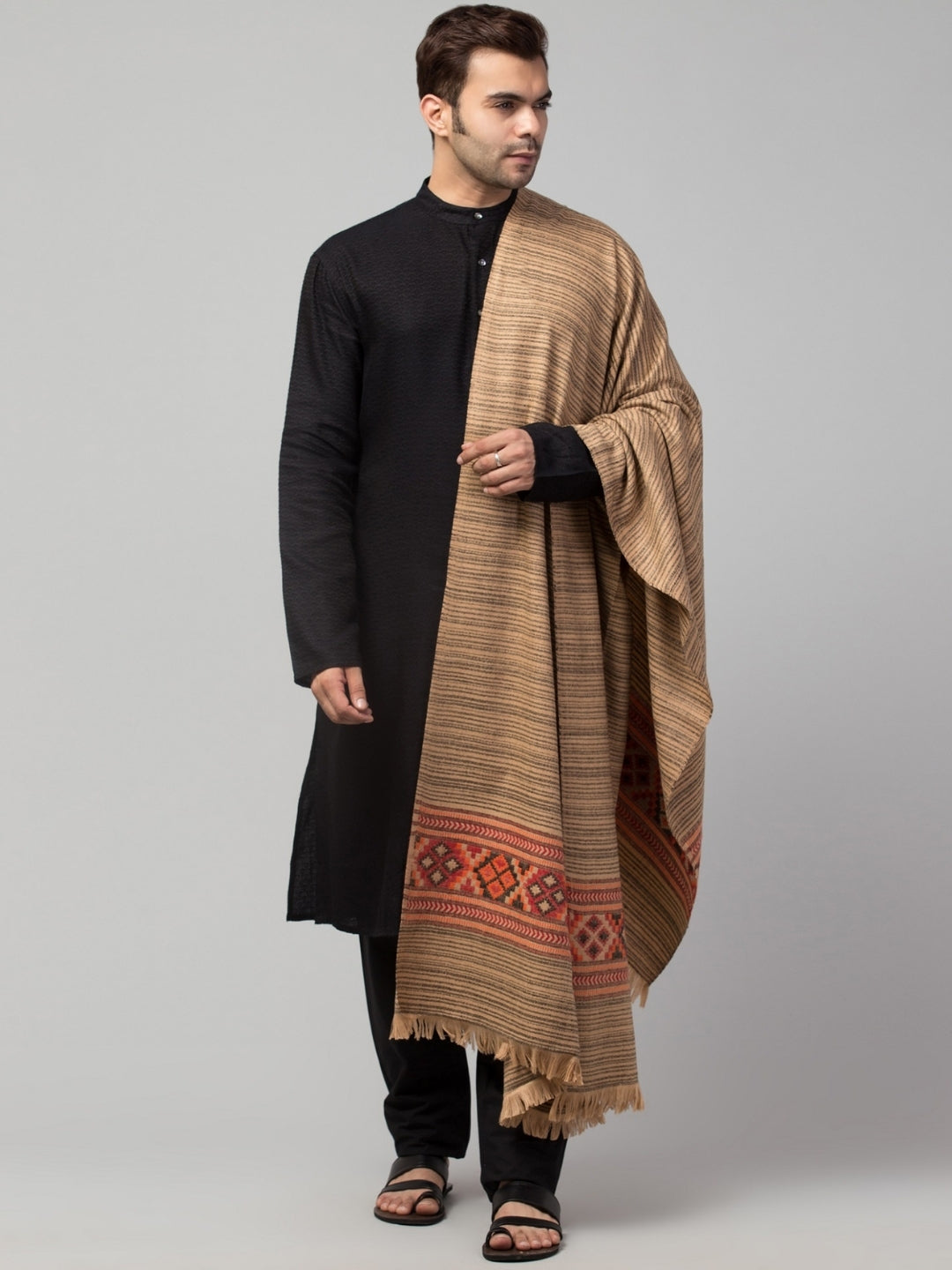 Tweedle Kullu Pattern Wool Blend Shawl for Men | Traditional Himachali Design | Beige -  40x80