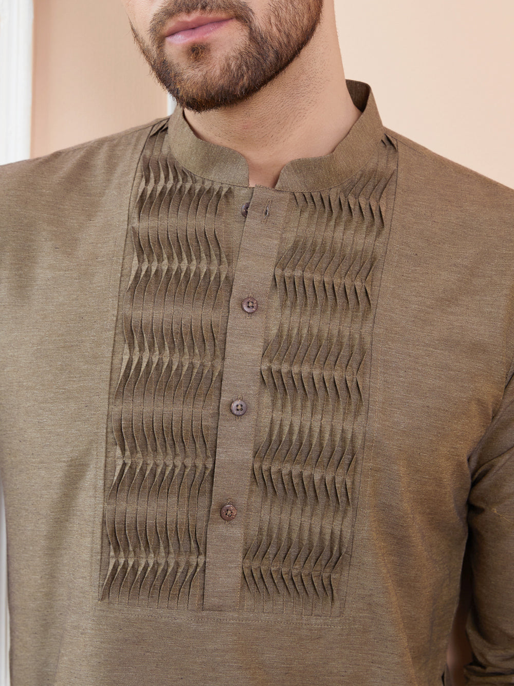 Dust Cotton Straight Kurta with Pintuck Yoke Neckline & Pyjama – Brown