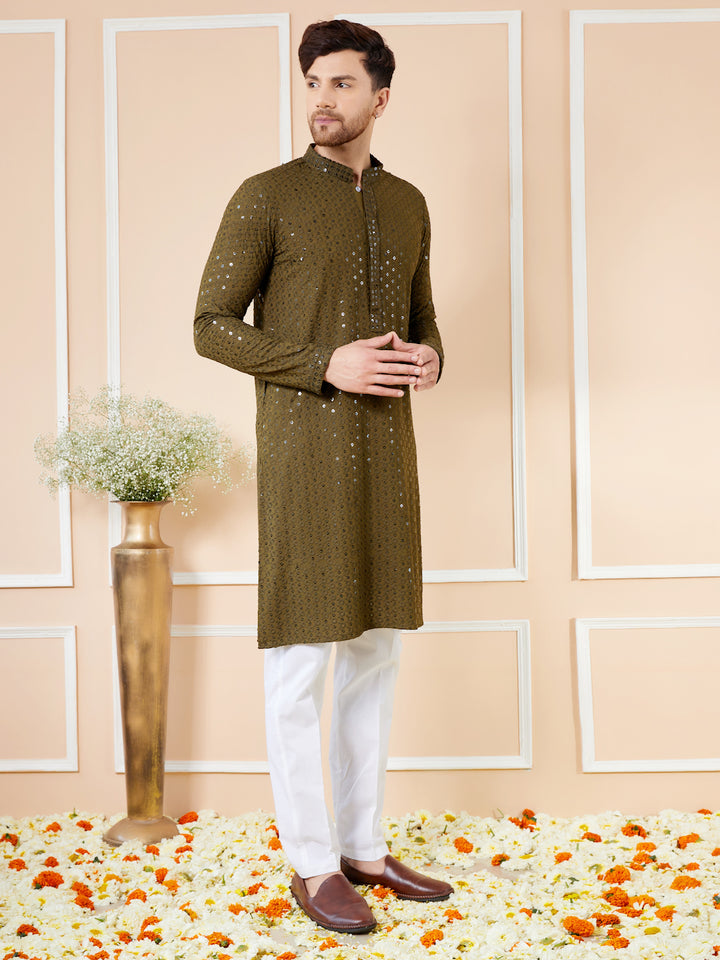 Olive Sequins Embroidered Rayon Kurta with Pyjama