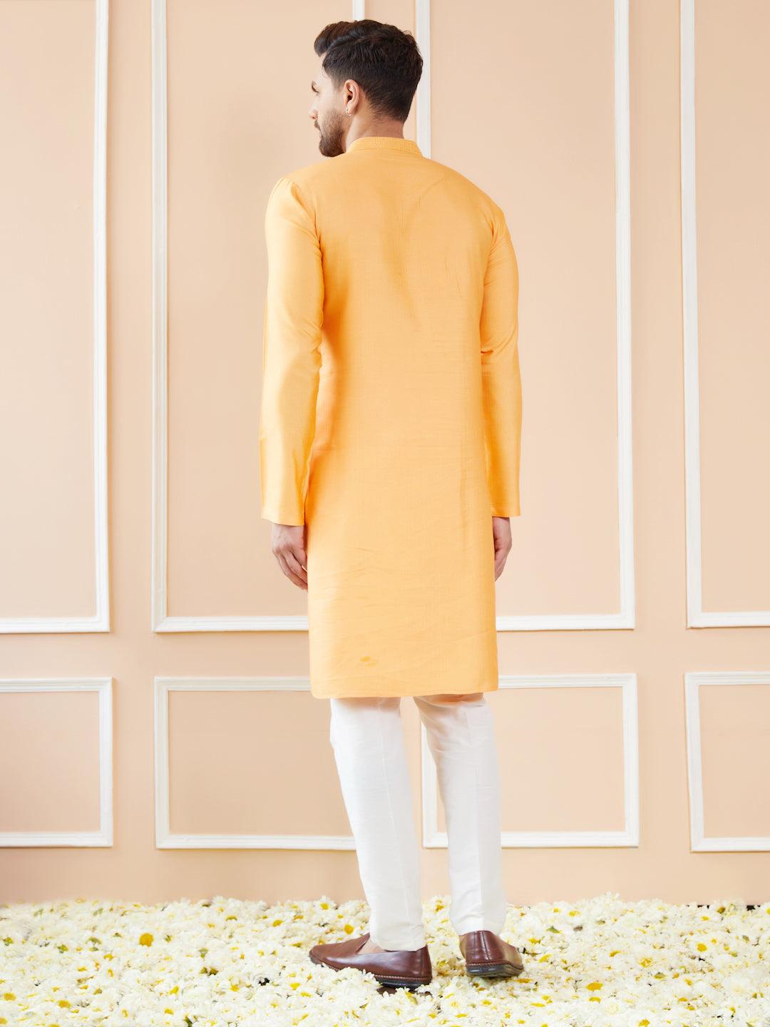Peach Orange Chanderi Silk Straight Kurta with Embroidered Neckline & Pyjama