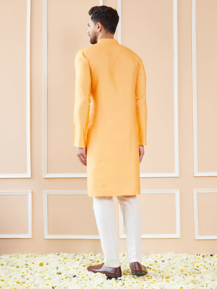 Peach Orange Chanderi Silk Straight Kurta with Embroidered Neckline & Pyjama