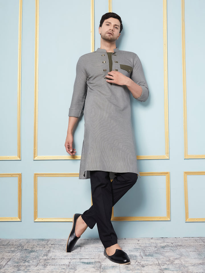 Grey Woven Straight Kurta With Pyjama