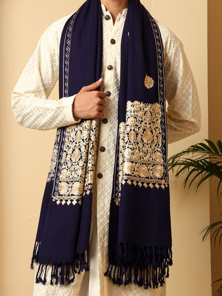 Tweedle Men’s Kashmiri Aari Embroidery Shawl / Stole - Navy Blue, Size - 40 x 80 inches