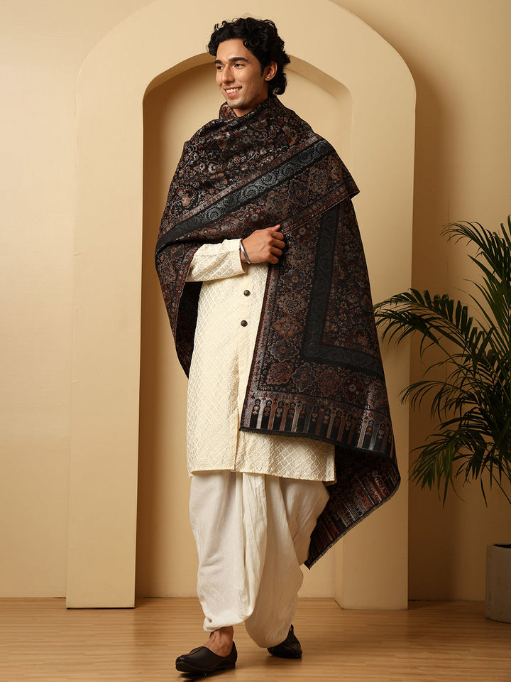 Tweedle Men’s Naira Kani and Zari Border Shawl/ Stole - Black, Size - 40 x 80 inches