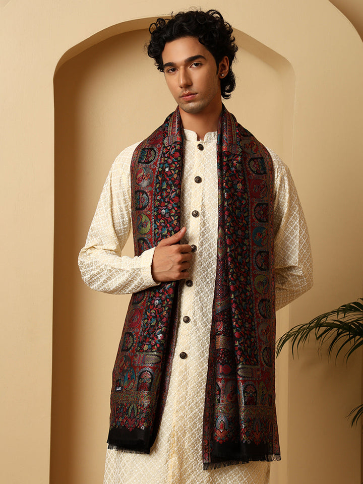 Tweedle Heritage Kashmiri Zari Stole for Women, Darbar Design, Soft Pashmina Feel - Black