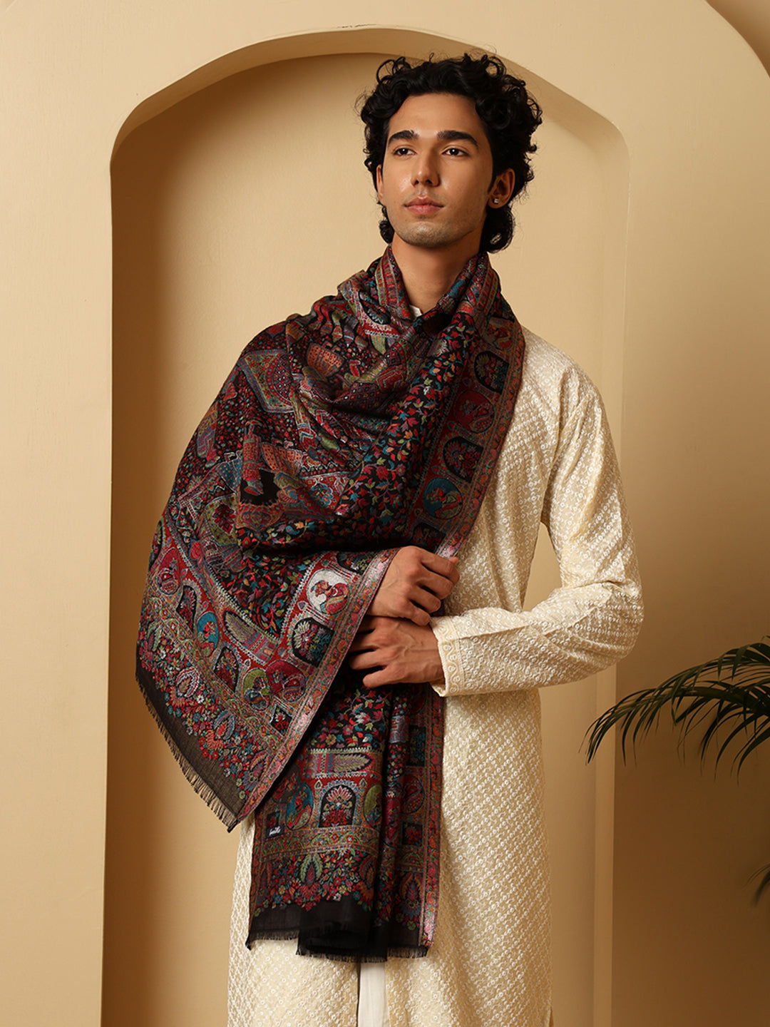 Tweedle Heritage Kashmiri Zari Stole for Women, Darbar Design, Soft Pashmina Feel - Black