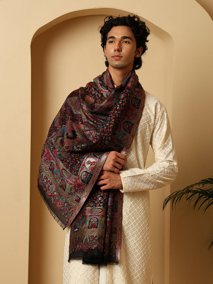 Tweedle Heritage Kashmiri Zari Stole for Women, Darbar Design, Soft Pashmina Feel - Black