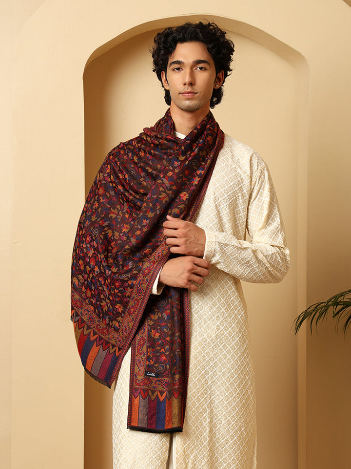 Tweedle Kashmiri Kani Stole for Men, Reversible Silk Modal Bamboo Scarf for Gents - Black