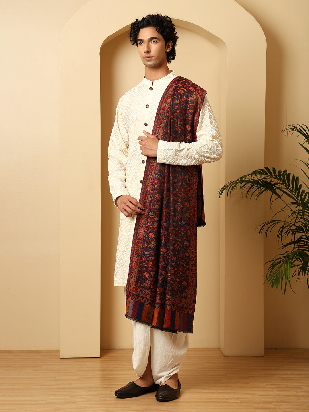 Tweedle Kashmiri Kani Stole for Men, Reversible Silk Modal Bamboo Scarf for Gents - Black