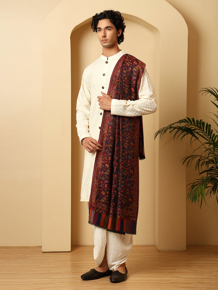 Tweedle Kashmiri Kani Stole for Men, Reversible Silk Modal Bamboo Scarf for Gents - Black
