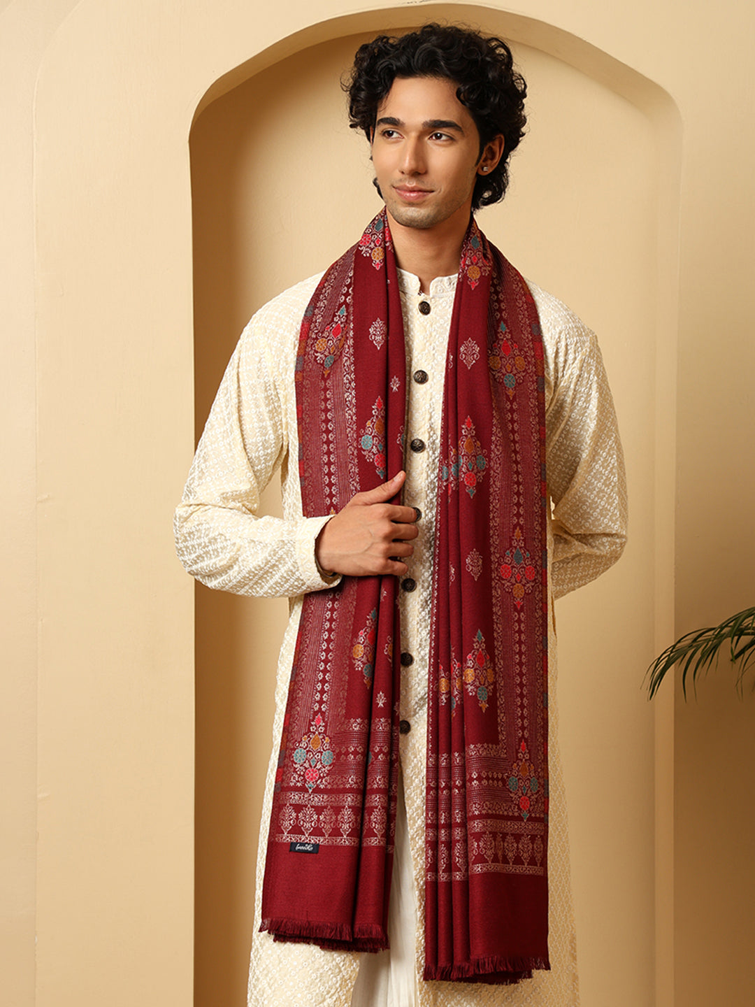 Tweedle Men’s Ethnic Design Faux Wool Shawl - Maroon, Size - 40 x 80 inches