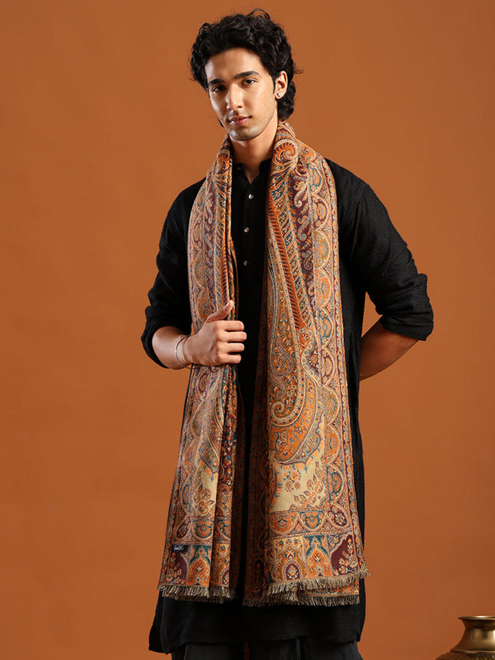 Tweedle Traditional Kashmiri Shawl/ Stole for Men, Wool Blend, Paisley Pattern – Beige
