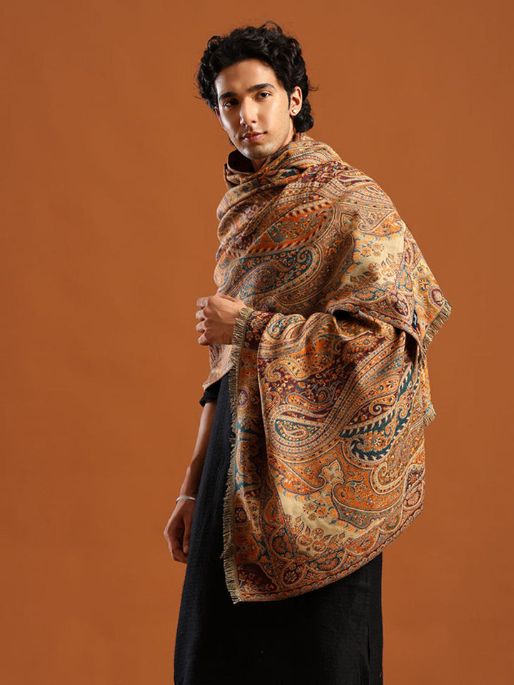 Tweedle Traditional Kashmiri Shawl/ Stole for Men, Wool Blend, Paisley Pattern – Beige