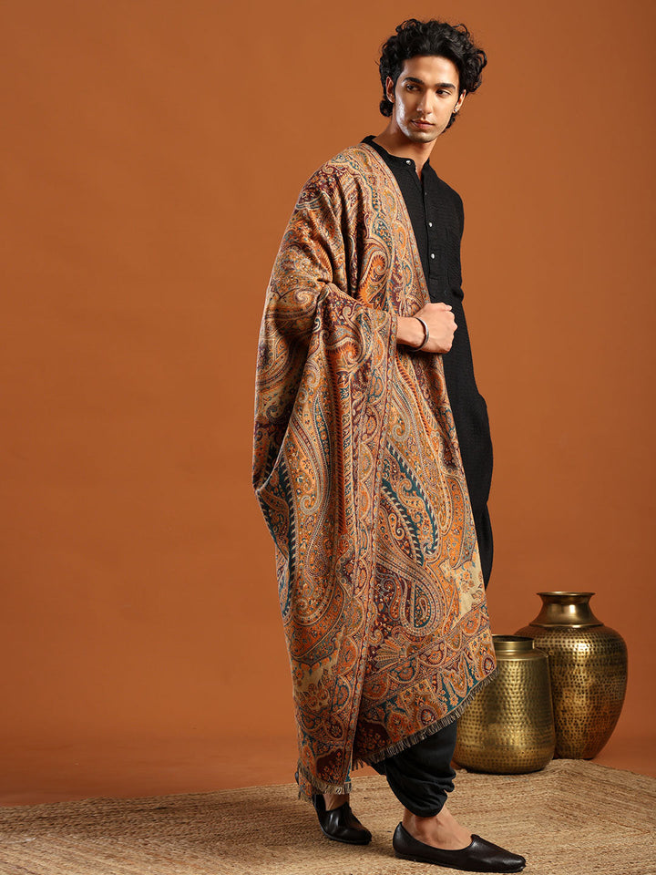 Tweedle Traditional Kashmiri Shawl/ Stole for Men, Wool Blend, Paisley Pattern – Beige