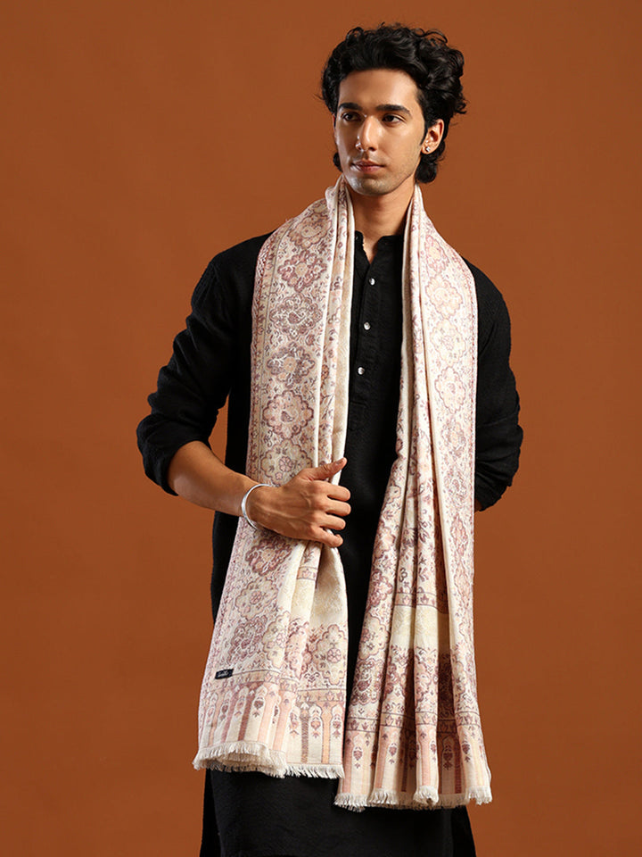 Tweedle Men’s Naira Kani and Zari Border Shawl/ Stole - Off-White, Size - 40 x 80 inches