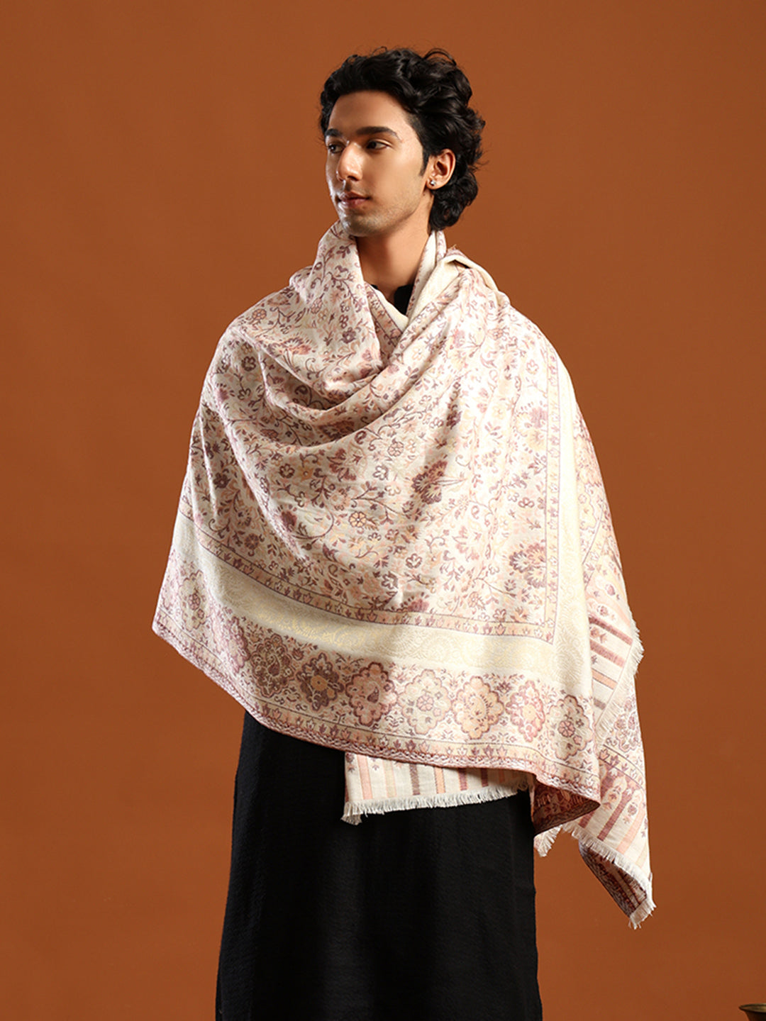 Tweedle Men’s Naira Kani and Zari Border Shawl/ Stole - Off-White, Size - 40 x 80 inches