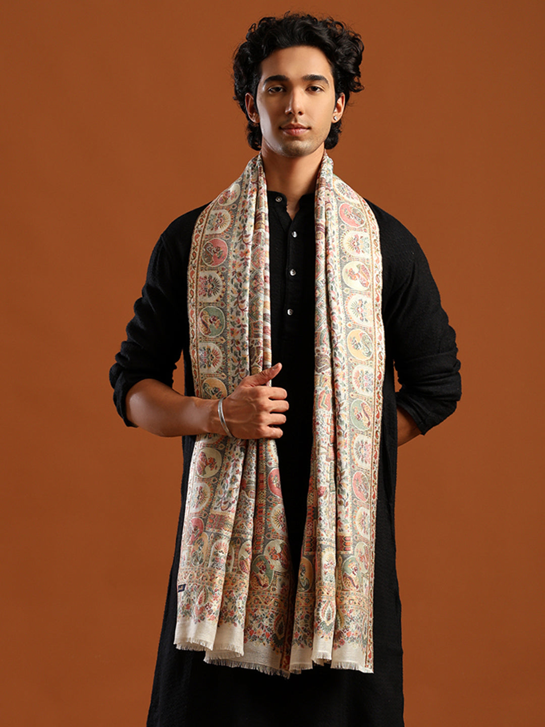 Tweedle Heritage Kashmiri Zari Stole for Women, Darbar Design, Soft Pashmina Feel - White