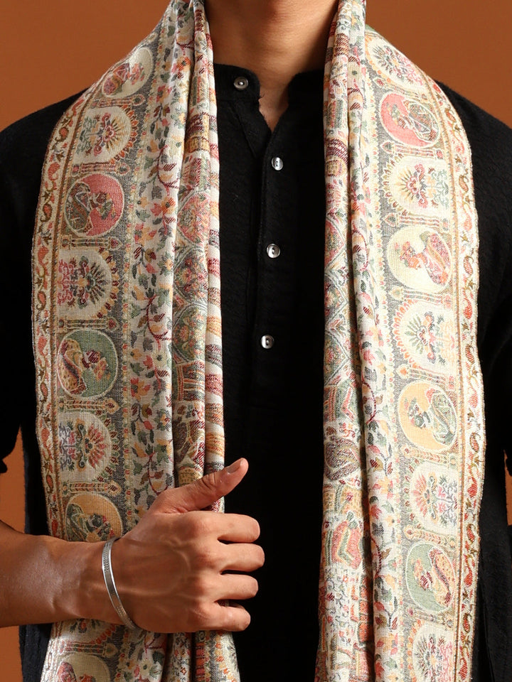 Tweedle Heritage Kashmiri Zari Stole for Women, Darbar Design, Soft Pashmina Feel - White