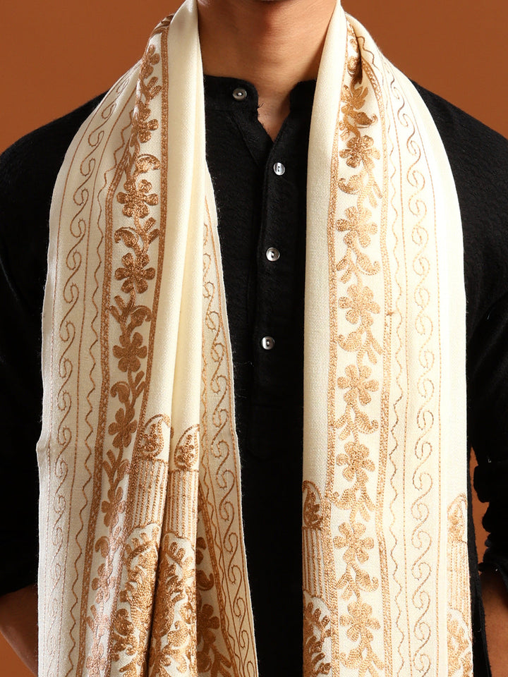 Tweedle Men’s Kashmiri Aari Embroidery Stole/ Scarf - Off-White, Size - 28 x 80 inches