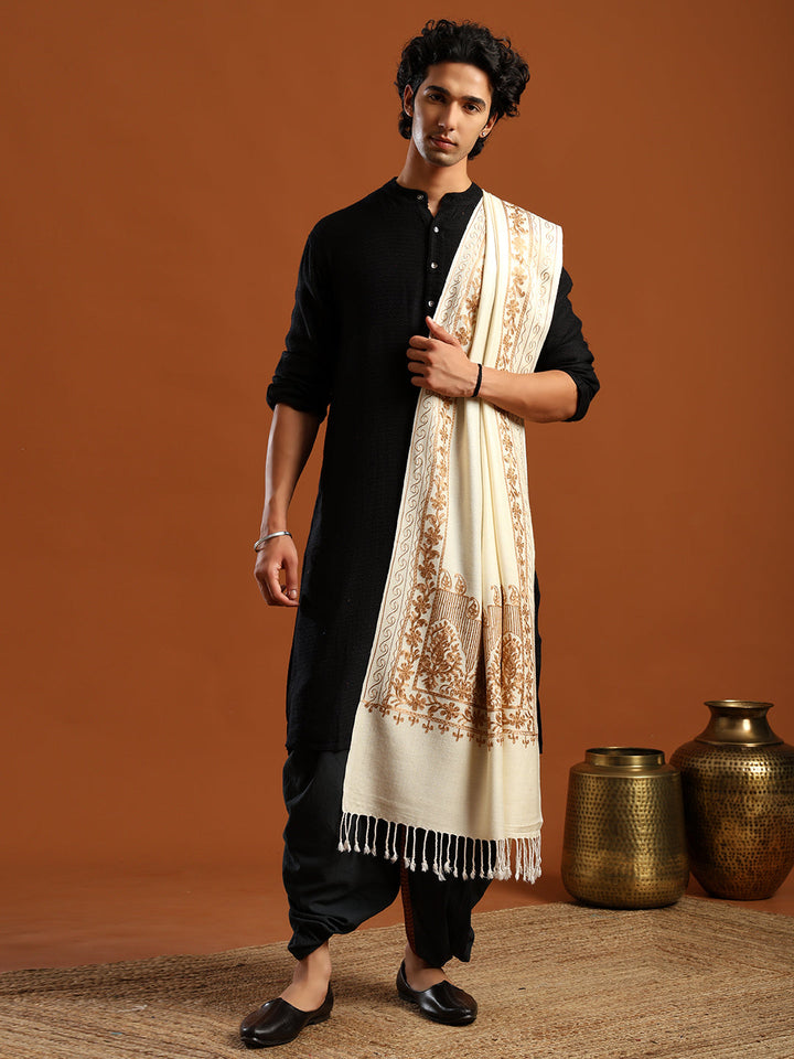 Tweedle Men’s Kashmiri Aari Embroidery Stole/ Scarf - Off-White, Size - 28 x 80 inches