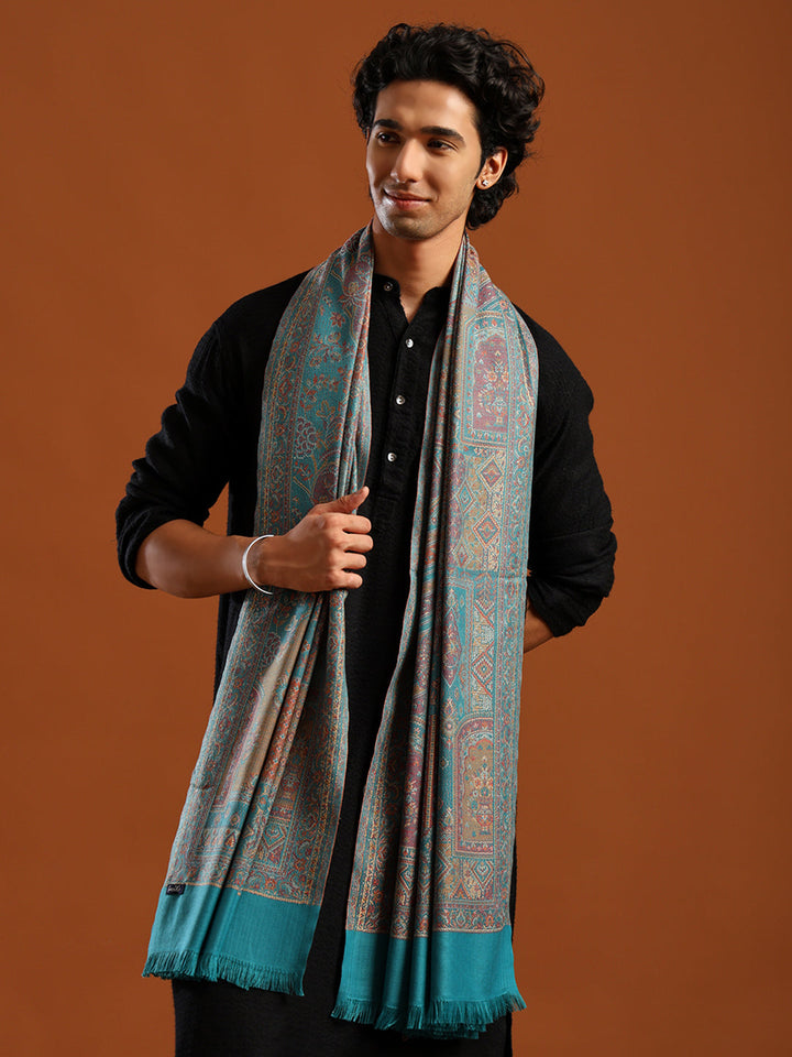 Tweedle Men’s Jamawar Shawl, Faux Pashmina, Reversible Design, Turquoise – Size 40 x 80 inches
