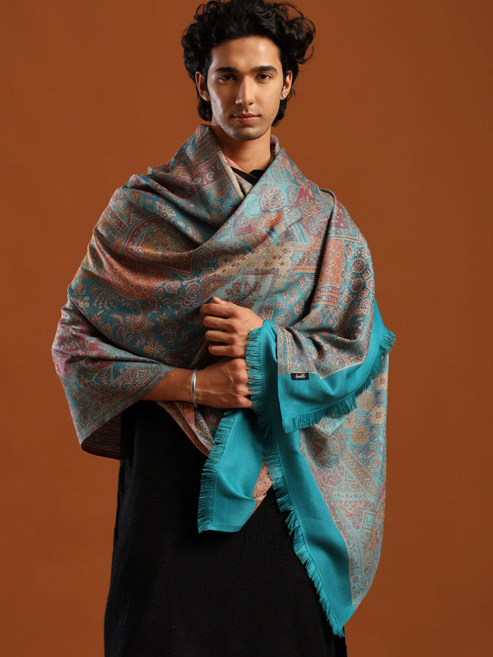 Tweedle Men’s Jamawar Shawl, Faux Pashmina, Reversible Design, Turquoise – Size 40 x 80 inches