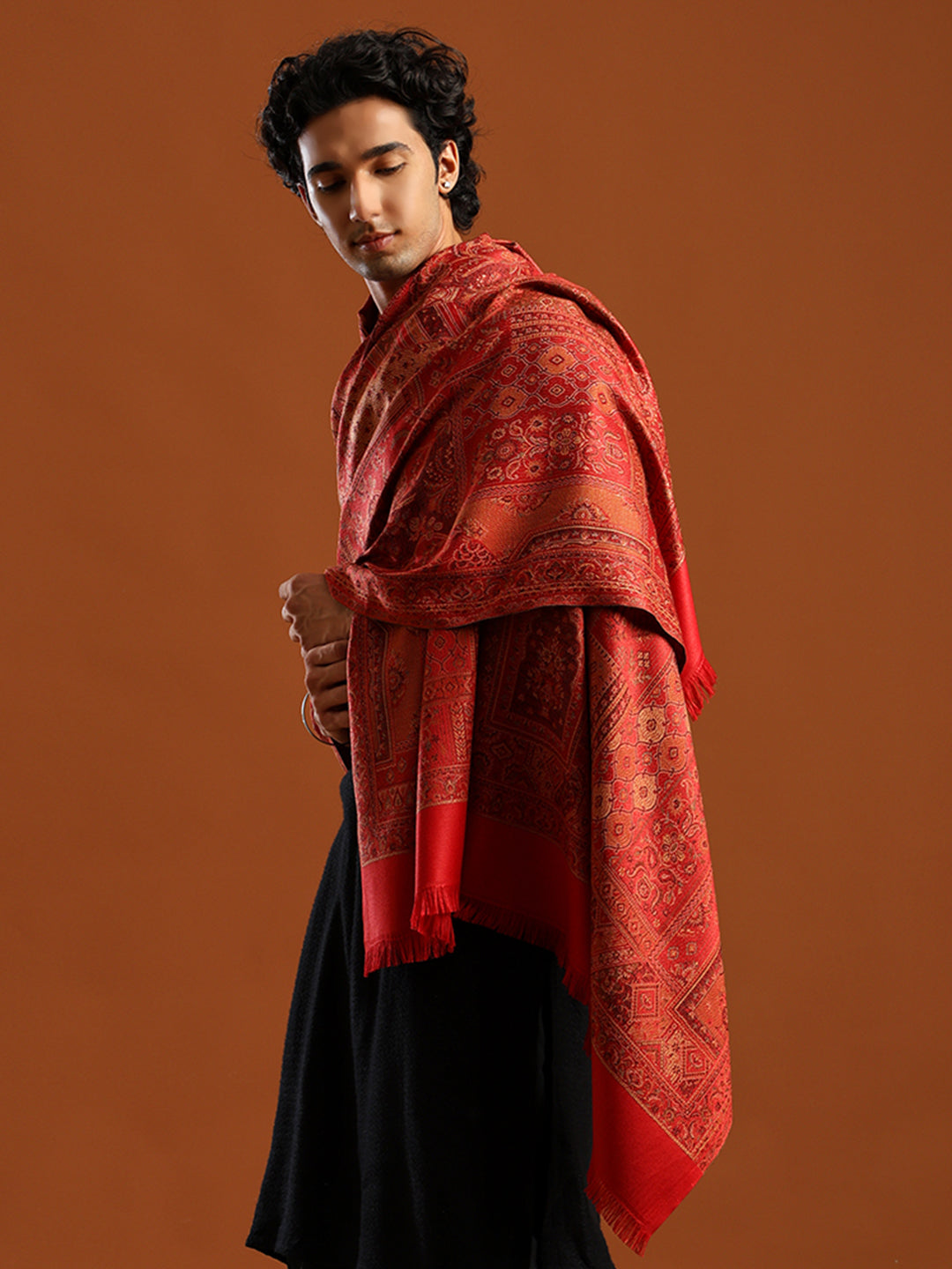 Tweedle Men’s Jamawar Shawl, Faux Pashmina, Reversible Design, Maroon – Size 40 x 80 inches
