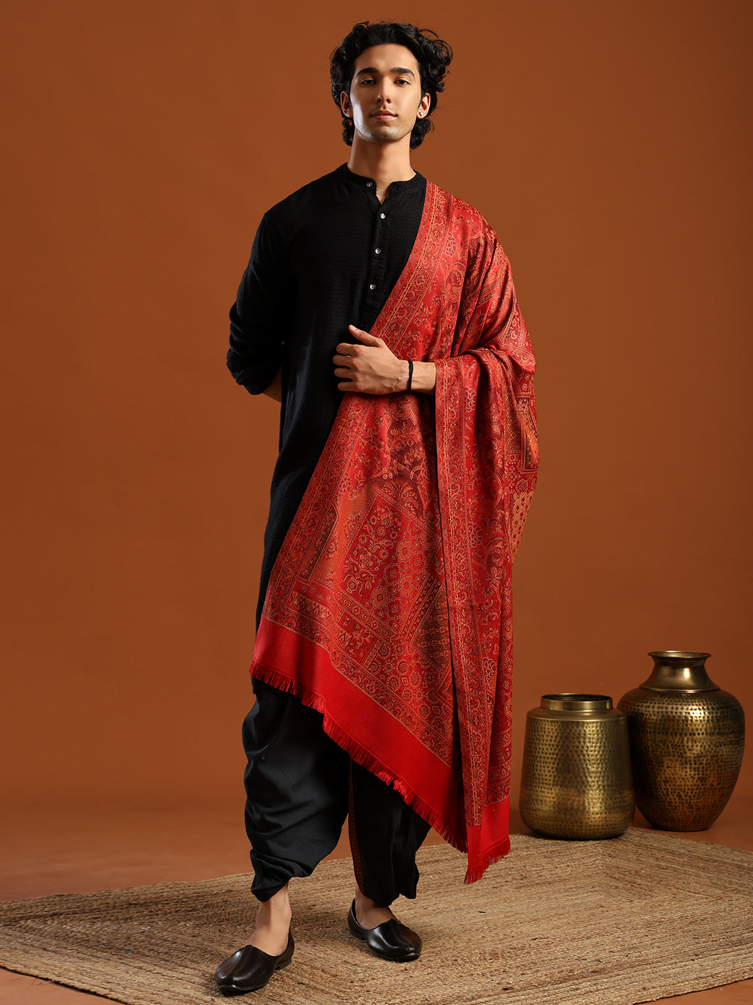 Tweedle Men’s Jamawar Shawl, Faux Pashmina, Reversible Design, Maroon – Size 40 x 80 inches