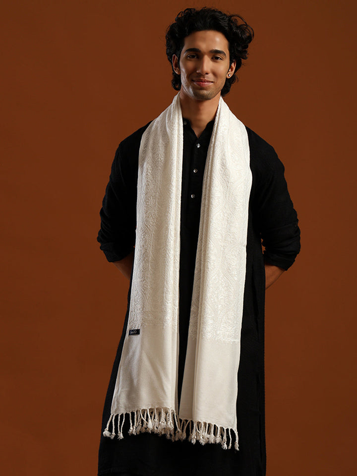 Tweedle Men’s Wool Blend Kashmiri Aari Embroidery Stole / Scarf for Winter - Off- White