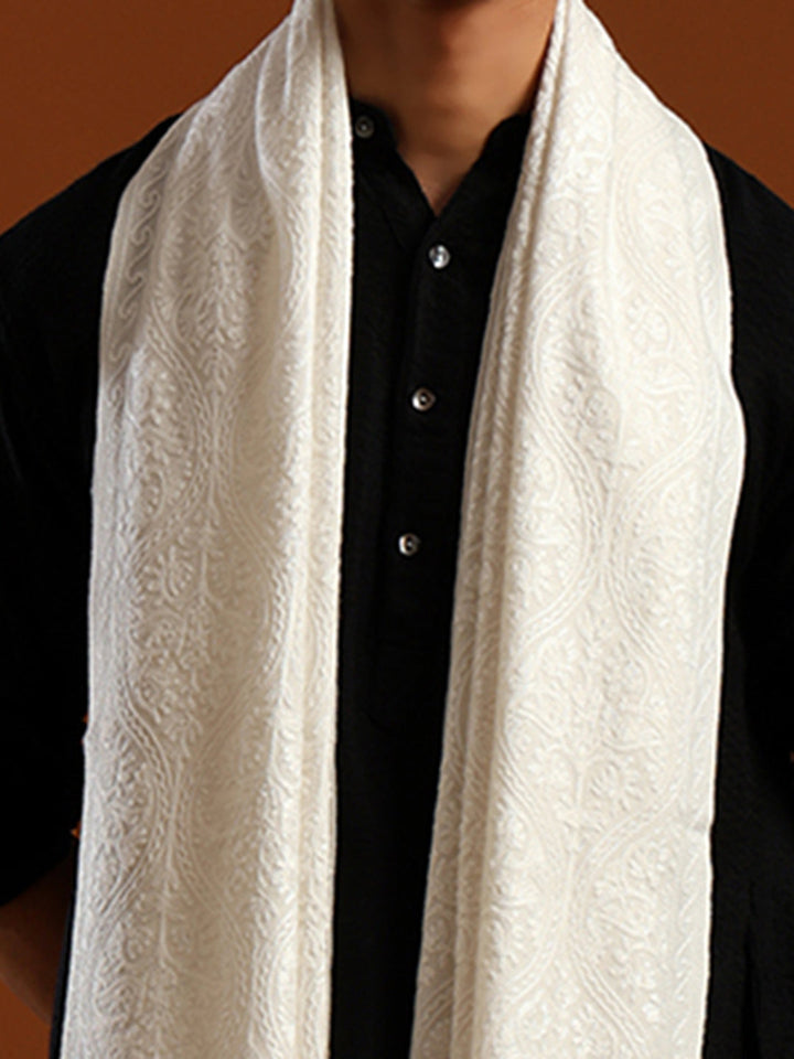 Tweedle Men’s Wool Blend Kashmiri Aari Embroidery Stole / Scarf for Winter - Off- White