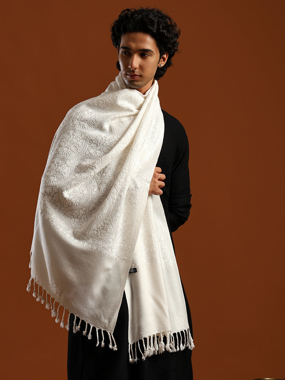 Tweedle Men’s Wool Blend Kashmiri Aari Embroidery Stole / Scarf for Winter - Off- White