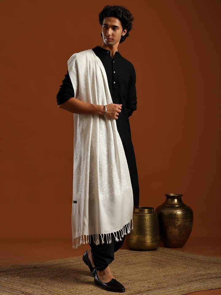 Tweedle Men’s Wool Blend Kashmiri Aari Embroidery Stole / Scarf for Winter - Off- White