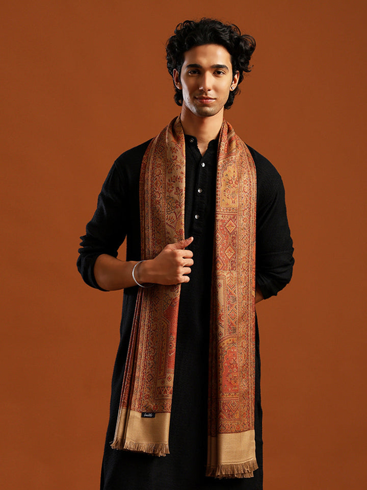 Tweedle Men’s Jamawar Shawl, Faux Pashmina, Reversible Design, Beige – Size 40 x 80 inches