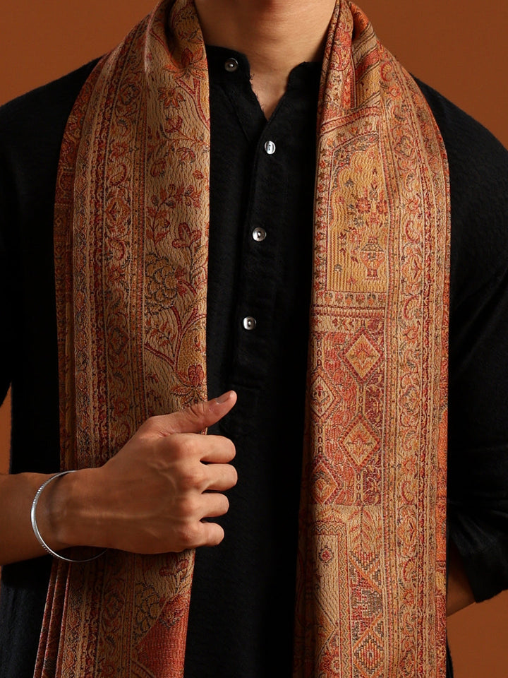 Tweedle Men’s Jamawar Shawl, Faux Pashmina, Reversible Design, Beige – Size 40 x 80 inches
