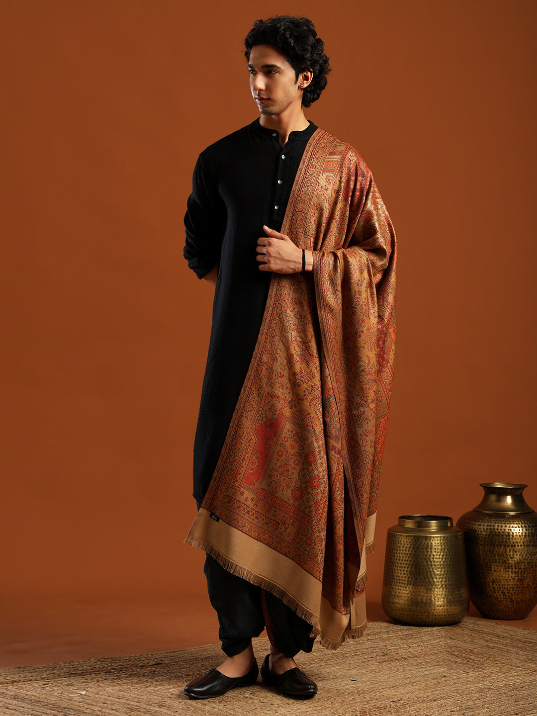 Tweedle Men’s Jamawar Shawl, Faux Pashmina, Reversible Design, Beige – Size 40 x 80 inches