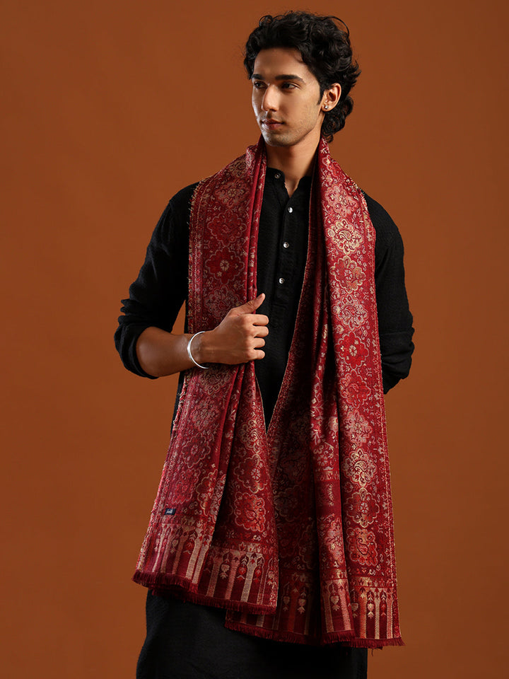 Tweedle Men’s Naira Kani and Zari Border Shawl/ Stole - maroon, Size - 40 x 80 inches