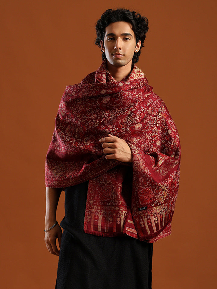 Tweedle Men’s Naira Kani and Zari Border Shawl/ Stole - maroon, Size - 40 x 80 inches