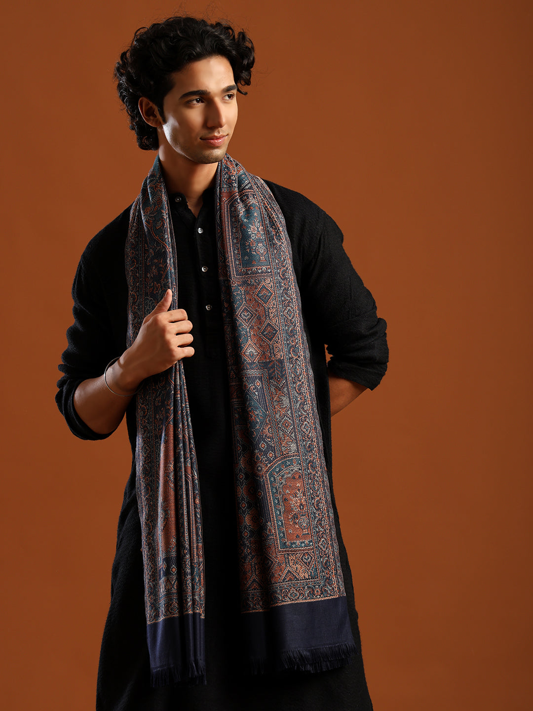 Tweedle Men’s Jamawar Shawl, Faux Pashmina, Reversible Design, Blue– Size 40 x 80 inches