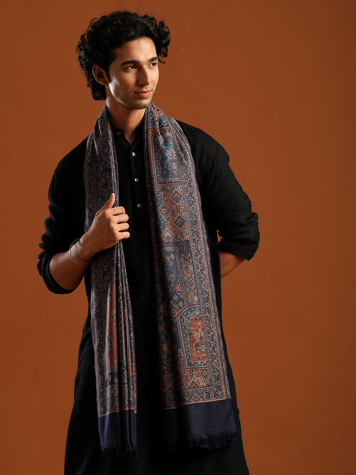 Tweedle Men’s Jamawar Shawl, Faux Pashmina, Reversible Design, Blue– Size 40 x 80 inches